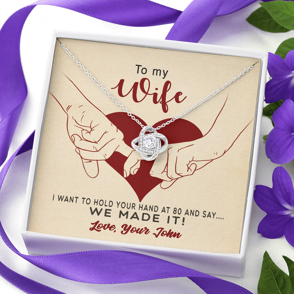 To My Wife, Love Knot Necklace With I Want To Hold Your Hand And Message Card, Anniversary, Birthday, Gift For Her, Jewelry For Her, Pendant For Her, Customized Message Card With Loved One Name