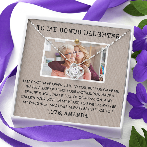 To My Bonus Daughter, Love Knot Necklace, Customized Picture And Name Necklace With Message Card, Gift Pendant For Her, Christmas, Birthday, Anniversary, Gift For Her, Jewelry For Her