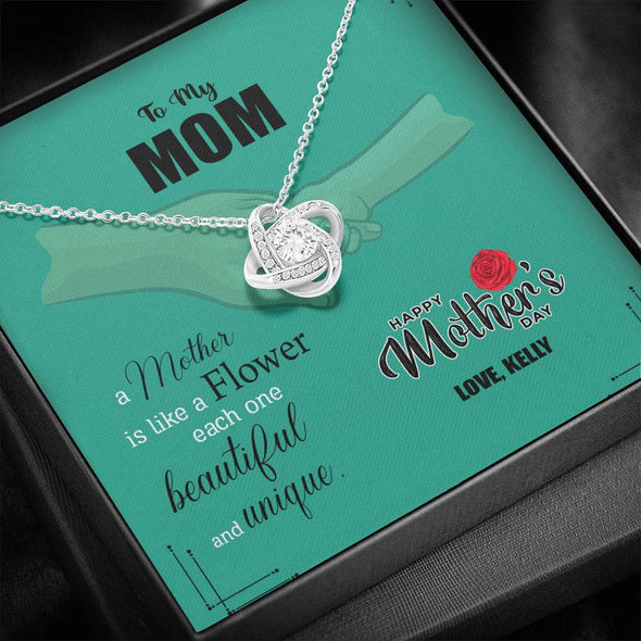 To My Mom, A Mother Is Like A Flower, Beautiful And Unique, Custom Knot Pendant, Silver Necklace With Message Card, Anniversary, Birthday, Christmas, Gift For Her