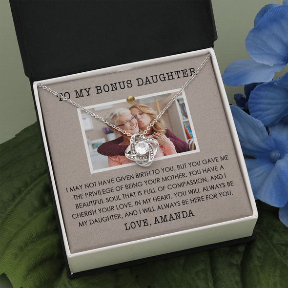 To My Bonus Daughter, Love Knot Necklace, Customized Picture And Name Necklace With Message Card, Gift Pendant For Her, Christmas, Birthday, Anniversary, Gift For Her, Jewelry For Her