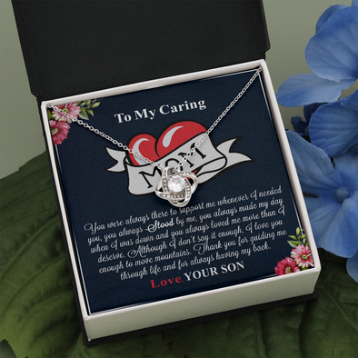 To My Caring Mom, Love Knot Necklace, Mother’s Day Message Card Gift From Son, Pendant For Her, Christmas, Birthday, Anniversary, Jewelry For Her, Necklace For Her, Mother’s Day Gift From Son