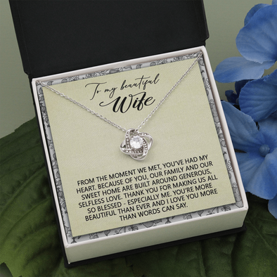To My Beautiful Wife, Love Knot Necklace With I Love You More Than Words Can Say Message Card, Pendant For Her, Birthday, Anniversary, Gift For Her, Jewelry For Her