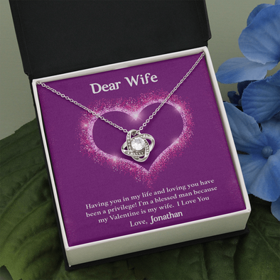 Dear Wife, Love Knot Necklace With I'm A Blessed Man Because My Valentine's Is My Wife Custom Message Card, Pendant For Her, Birthday, Anniversary, Jewelry For Her, Valentine's Day Gift