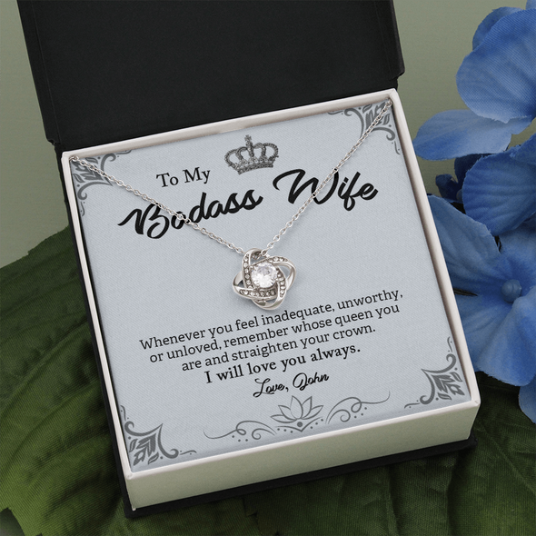 My Badass Wife, Love Knot Necklace With Straighten Your Crown And Remember I Will Love You Always Message Card, Jewelry For Her, Birthday, Gift For Her, Pendant For Her, Customized Message Card