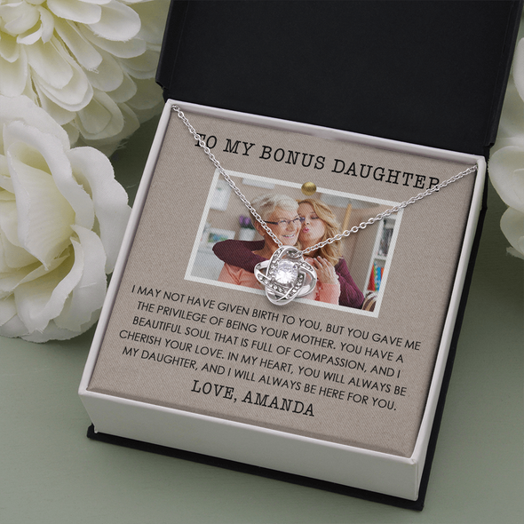 To My Bonus Daughter, Love Knot Necklace, Customized Picture And Name Necklace With Message Card, Gift Pendant For Her, Christmas, Birthday, Anniversary, Gift For Her, Jewelry For Her