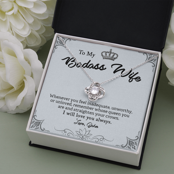 My Badass Wife, Love Knot Necklace With Straighten Your Crown And Remember I Will Love You Always Message Card, Jewelry For Her, Birthday, Gift For Her, Pendant For Her, Customized Message Card