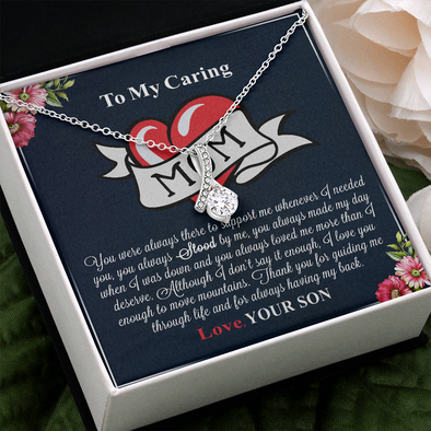 To My Caring Mom, Alluring Beauty Necklace, Mother’s Day Message Card Gift From Son, Pendant For Her, Christmas, Birthday, Anniversary, Jewelry For Her, Necklace For Her, Mother’s Day Gift From Son