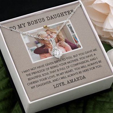 To My Bonus Daughter, Alluring Beauty Necklace, Customized Picture And Name Necklace With Message Card, Gift Pendant For Her, Christmas, Birthday, Anniversary, Gift For Her, Jewelry For Her