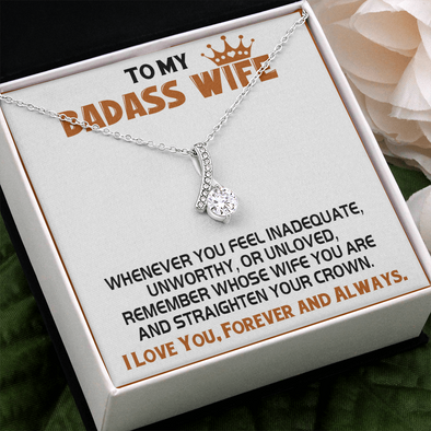 Wife Necklace Gift From Husband To My Badass Wife Alluring Beauty Pendant Valentines Day Anniversary Jewelry with Message Card and Gift Box. Gift for Wife. Necklace Gift Set for Wife
