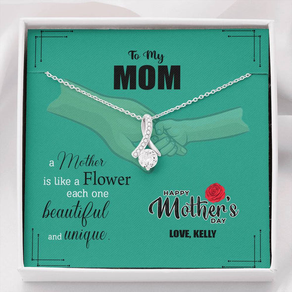 To My Mom, A Mother Is Like A Flower, Necklace With Message Card, Silver Alluring Beauty Necklace, Gift Ideas For Mom, Customized Necklace, Happy Mother's Day