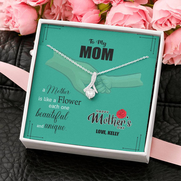 To My Mom, A Mother Is Like A Flower, Necklace With Message Card, Silver Alluring Beauty Necklace, Gift Ideas For Mom, Customized Necklace, Happy Mother's Day