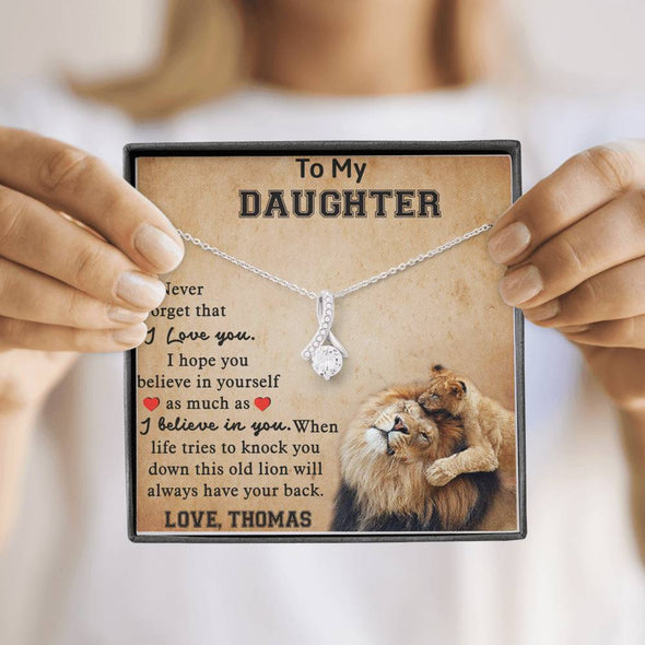 To My Daughter, I Believe In You, Alluring Beauty Necklace, Customized Necklace, Silver Necklace With Message Card, Custom Pendant, Embroided Lion Image Card .