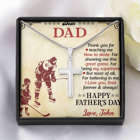 To My Dad, Thank You For Teaching Me How To Skate, Happy Father's Day, Necklace With Message Card, Gift Ideas For Dad, Artisan Crafted Cross Necklace, Birthday