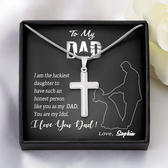 To My Dad, Artisan Crafted Cross Necklace With Customized Message Card, Jewelry For Him, Gift For Dad, Father's Day Gift For Him From Daughter, Artisan-Crafted Stainless Steel Cross Necklace