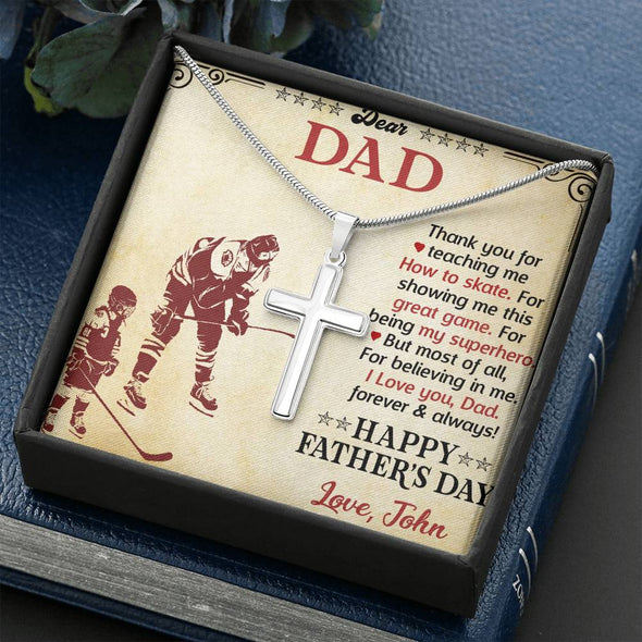 To My Dad, Thank You For Teaching Me How To Skate, Happy Father's Day, Necklace With Message Card, Gift Ideas For Dad, Artisan Crafted Cross Necklace, Birthday