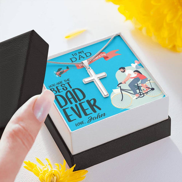 To My Dad, You Are The Best Dad Ever, Custom Cross Necklace, Anniversary, Christmas, Gift Ideas For Him, Silver Necklace With Message Card, Happy Father's Day
