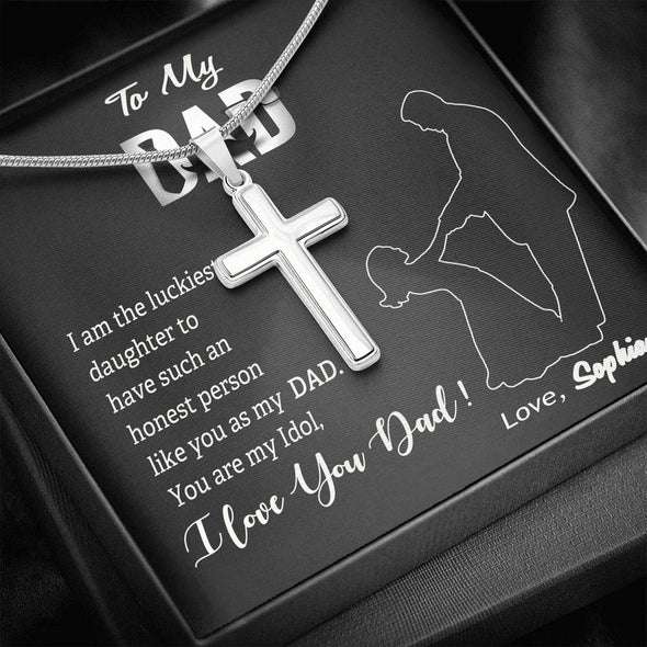 To My Dad, You Are My Idol, Custom Cross Necklace, Anniversary, Birthday, Christmas, Gift Ideas For Him, Silver Necklace With Message Card, Happy Father's Day