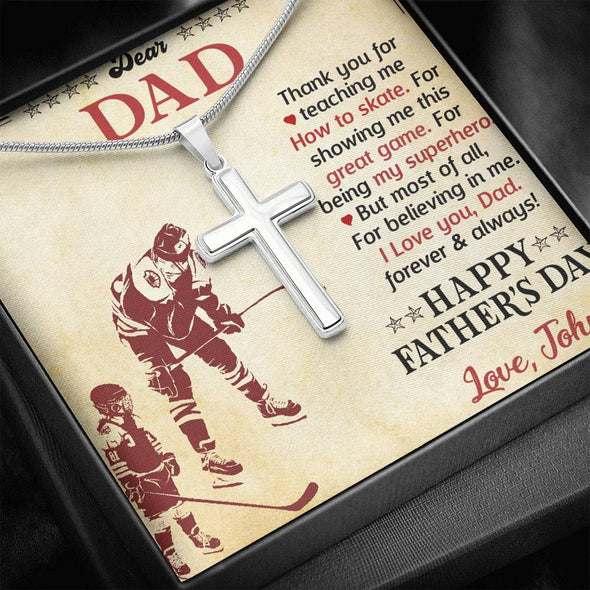 To My Dad, Thank You For Teaching Me How To Skate, Happy Father's Day, Necklace With Message Card, Gift Ideas For Dad, Artisan Crafted Cross Necklace, Birthday