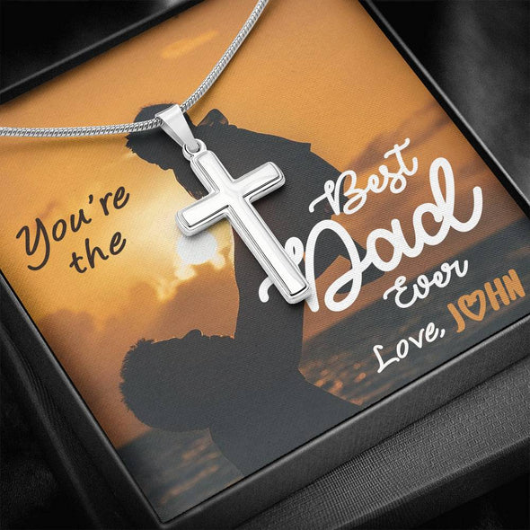 To My Dad, You're The Best Dad Ever, Custom Cross Necklace, Anniversary, Christmas, Gift Ideas For Him, Silver Necklace With Message Card, Happy Father's Day