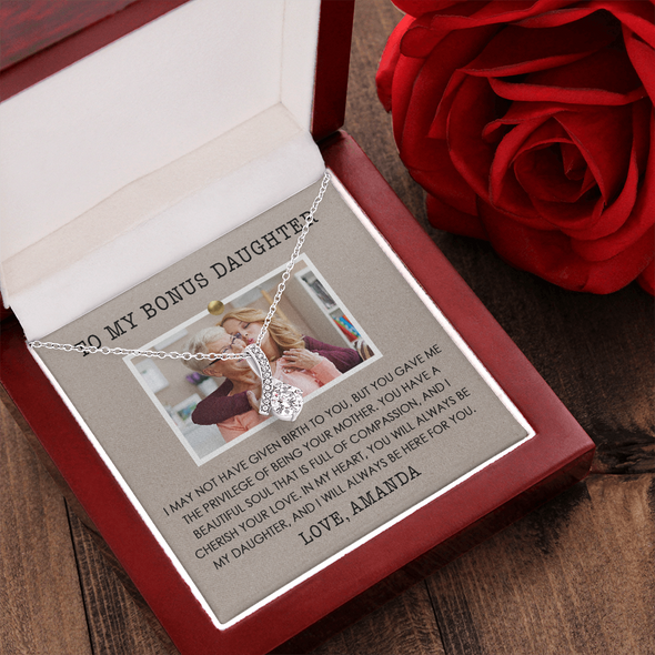 To My Bonus Daughter, Alluring Beauty Necklace, Customized Picture And Name Necklace With Message Card, Gift Pendant For Her, Christmas, Birthday, Anniversary, Gift For Her, Jewelry For Her