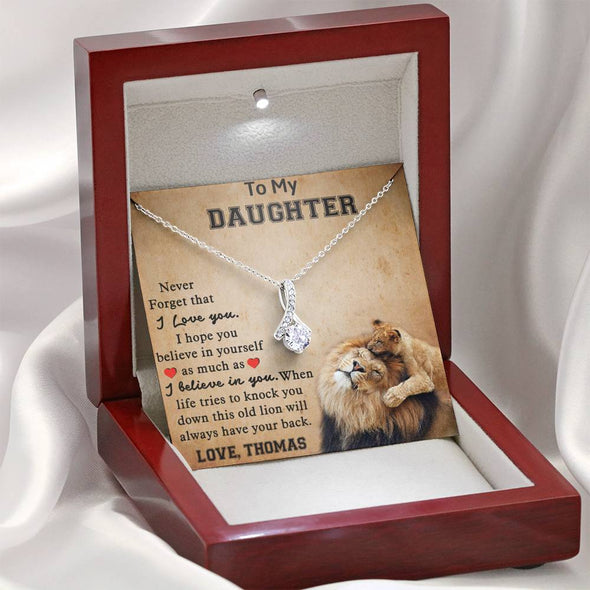 To My Daughter, I Believe In You, Alluring Beauty Necklace, Customized Necklace, Silver Necklace With Message Card, Custom Pendant, Embroided Lion Image Card .