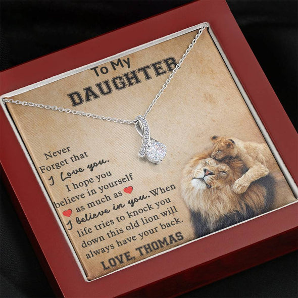 To My Daughter, I Believe In You, Alluring Beauty Necklace, Customized Necklace, Silver Necklace With Message Card, Custom Pendant, Embroided Lion Image Card .