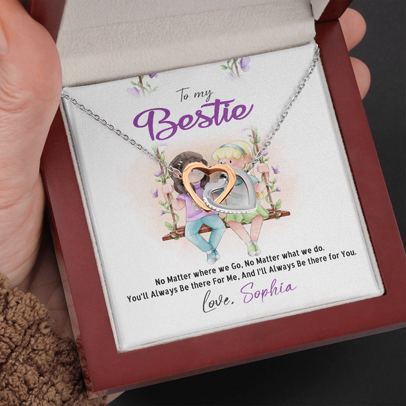 To My Bestie, Interlocking Hearts Necklace With No Matter Where We Go, No Matter What We Do Message Card, Jewelry For Her, Birthday, Gift For Her, Necklace for Her, Customized Message Card