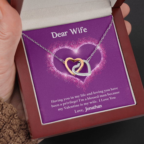 Dear Wife, Interlocking Hearts Necklace With I'm A Blessed Man Because My Valentine's Is My Wife Custom Message Card, Pendant For Her, Birthday, Anniversary, Jewelry For Her, Valentine's Day Gift