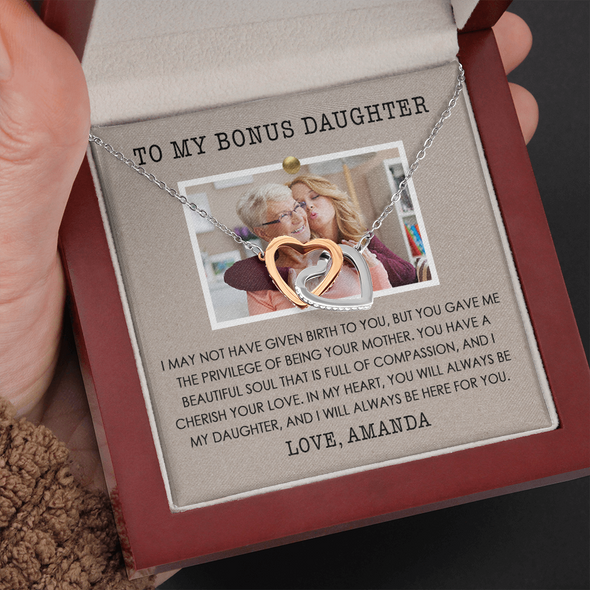 To My Bonus Daughter, Interlocking Hearts Necklace, Customized Picture And Name Necklace With Message Card, Gift Pendant For Her, Christmas, Birthday, Anniversary, Gift For Her, Jewelry For Her