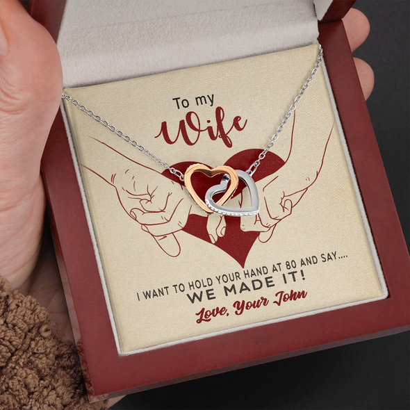 To My Wife, Interlocking Hearts Necklace With I Want To Hold Your Hand And Message Card, Anniversary, Birthday, Gift For Her, Jewelry For Her, Pendant For Her, Customized Message Card With Loved One Name