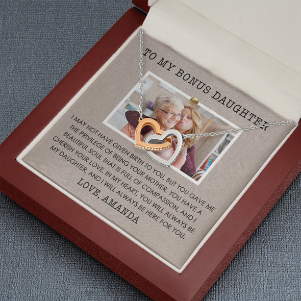 To My Bonus Daughter, Interlocking Hearts Necklace, Customized Picture And Name Necklace With Message Card, Gift Pendant For Her, Christmas, Birthday, Anniversary, Gift For Her, Jewelry For Her