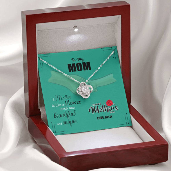 To My Mom, A Mother Is Like A Flower, Beautiful And Unique, Custom Knot Pendant, Silver Necklace With Message Card, Anniversary, Birthday, Christmas, Gift For Her