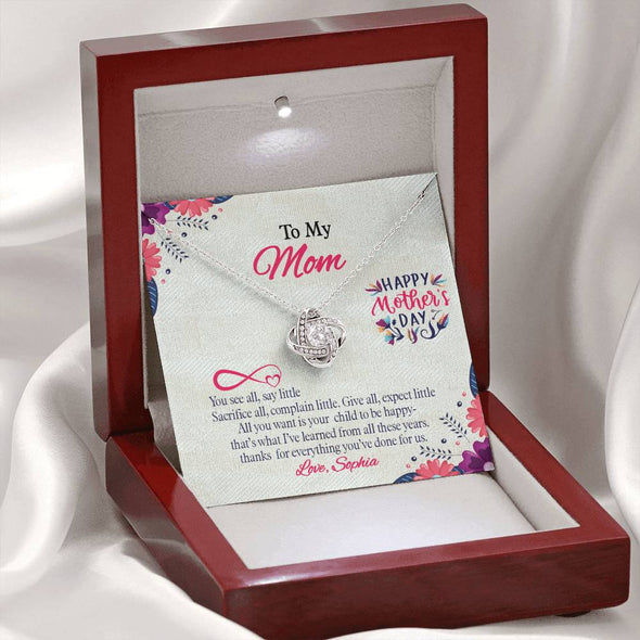 To My Mom, Thanks For Everything You've Done For Us, Custom Knot Pendant, Silver Necklace With Message Card, Gift Idea For Mother/Daughter's, Happy Mother's Day