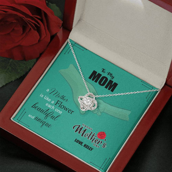 To My Mom, A Mother Is Like A Flower, Beautiful And Unique, Custom Knot Pendant, Silver Necklace With Message Card, Anniversary, Birthday, Christmas, Gift For Her