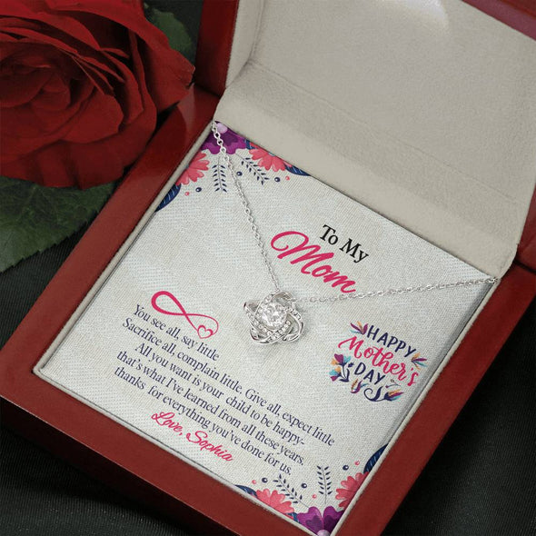 To My Mom, Thanks For Everything You've Done For Us, Custom Knot Pendant, Silver Necklace With Message Card, Gift Idea For Mother/Daughter's, Happy Mother's Day