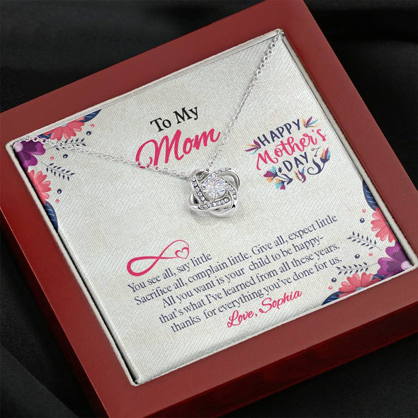 To My Mom, Thanks For Everything You've Done For Us, Custom Knot Pendant, Silver Necklace With Message Card, Gift Idea For Mother/Daughter's, Happy Mother's Day