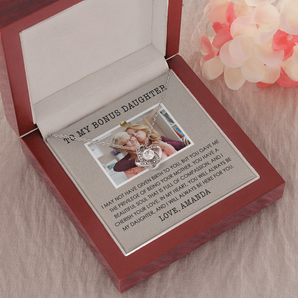 To My Bonus Daughter, Love Knot Necklace, Customized Picture And Name Necklace With Message Card, Gift Pendant For Her, Christmas, Birthday, Anniversary, Gift For Her, Jewelry For Her