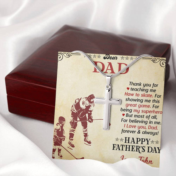 To My Dad, Thank You For Teaching Me How To Skate, Happy Father's Day, Necklace With Message Card, Gift Ideas For Dad, Artisan Crafted Cross Necklace, Birthday
