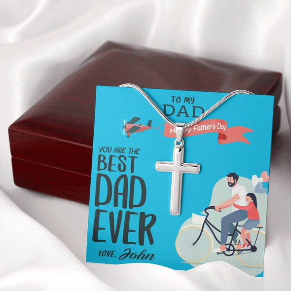 To My Dad, You Are The Best Dad Ever, Custom Cross Necklace, Anniversary, Christmas, Gift Ideas For Him, Silver Necklace With Message Card, Happy Father's Day
