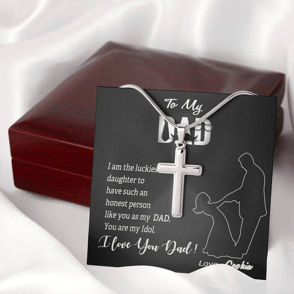 To My Dad, You Are My Idol, Custom Cross Necklace, Anniversary, Birthday, Christmas, Gift Ideas For Him, Silver Necklace With Message Card, Happy Father's Day
