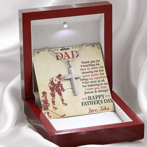 To My Dad, Thank You For Teaching Me How To Skate, Happy Father's Day, Necklace With Message Card, Gift Ideas For Dad, Artisan Crafted Cross Necklace, Birthday