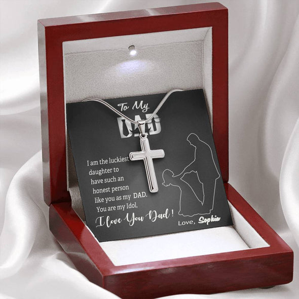 To My Dad, You Are My Idol, Custom Cross Necklace, Anniversary, Birthday, Christmas, Gift Ideas For Him, Silver Necklace With Message Card, Happy Father's Day