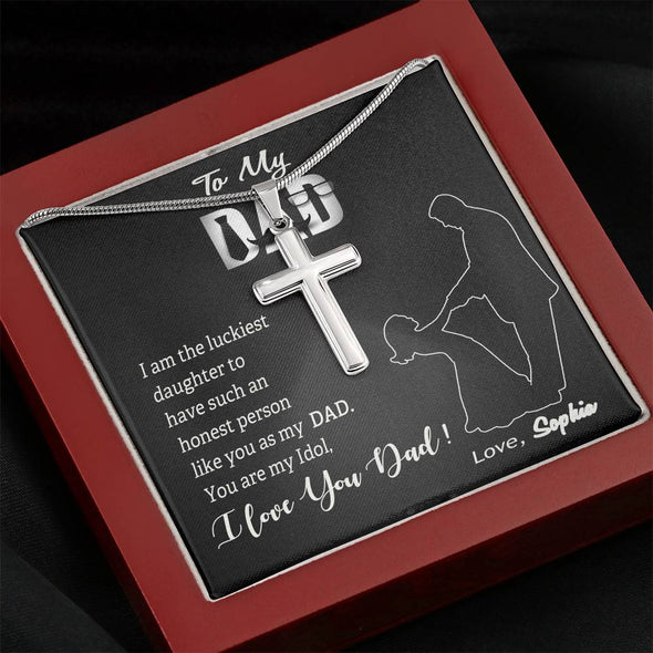 To My Dad, You Are My Idol, Custom Cross Necklace, Anniversary, Birthday, Christmas, Gift Ideas For Him, Silver Necklace With Message Card, Happy Father's Day