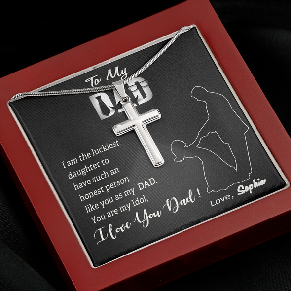 To My Dad, Artisan Crafted Cross Necklace With Customized Message Card, Jewelry For Him, Gift For Dad, Father's Day Gift For Him From Daughter, Artisan-Crafted Stainless Steel Cross Necklace