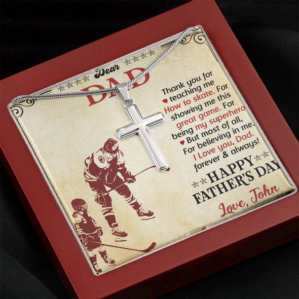 To My Dad, Thank You For Teaching Me How To Skate, Happy Father's Day, Necklace With Message Card, Gift Ideas For Dad, Artisan Crafted Cross Necklace, Birthday