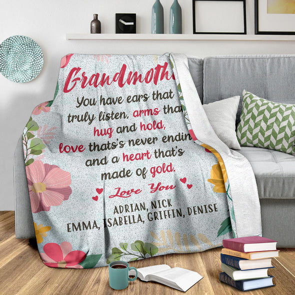 Personalized Grandma Premium Blanket "Love That's Never Ending, and A Heart That's made of Gold"