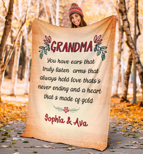 Personalized Grandma Premium Blanket, "You have ears that truly listen Arms That Always hold"