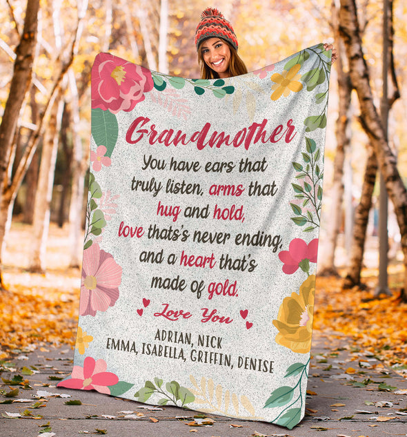 Personalized Grandma Premium Blanket "Love That's Never Ending, and A Heart That's made of Gold"