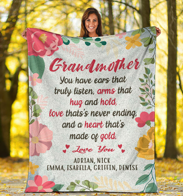 Personalized Grandma Premium Blanket "Love That's Never Ending, and A Heart That's made of Gold"